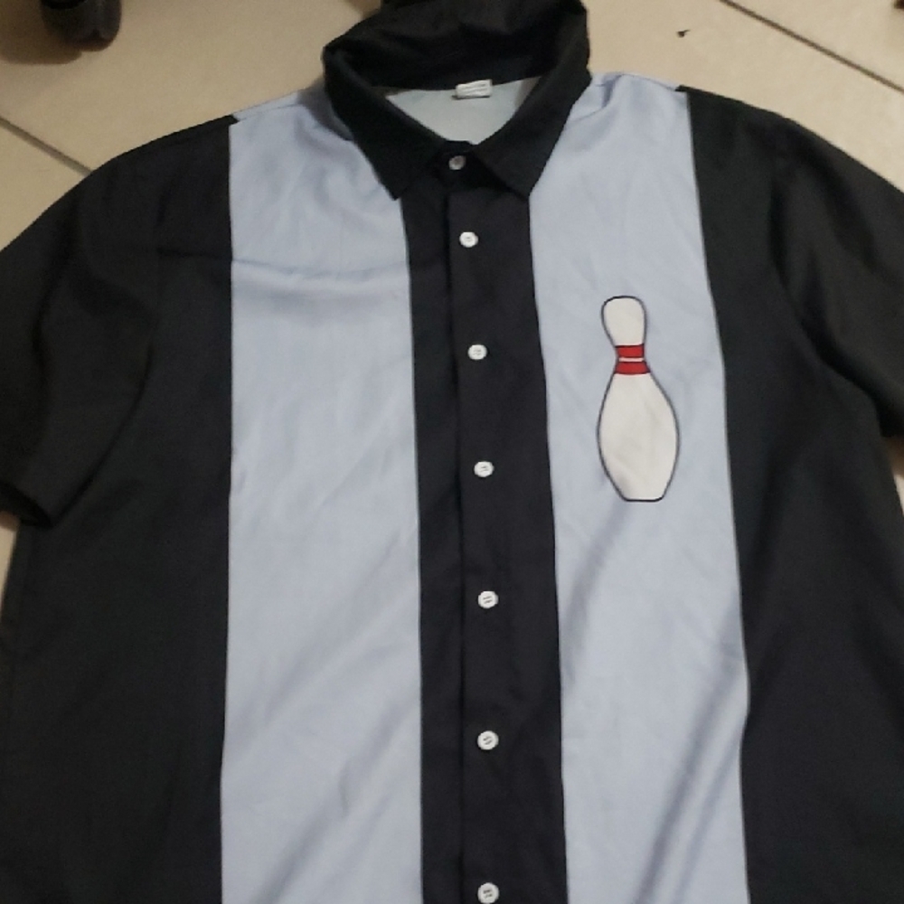 Men's Black and Light Blue Bowling Shirt